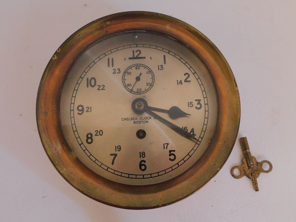 Appraisal: CHELSEA BRASS SHIPS CLOCK Old Chelsea key wind ship's clock