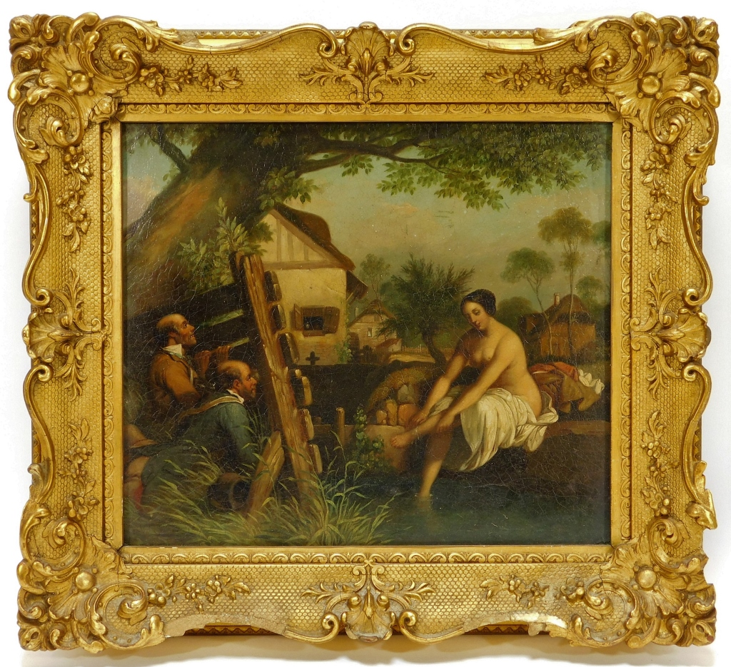 Appraisal: FRENCH PEEPING TOM NUDE WOMAN GENRE PAINTING France th CenturyNaturalistic