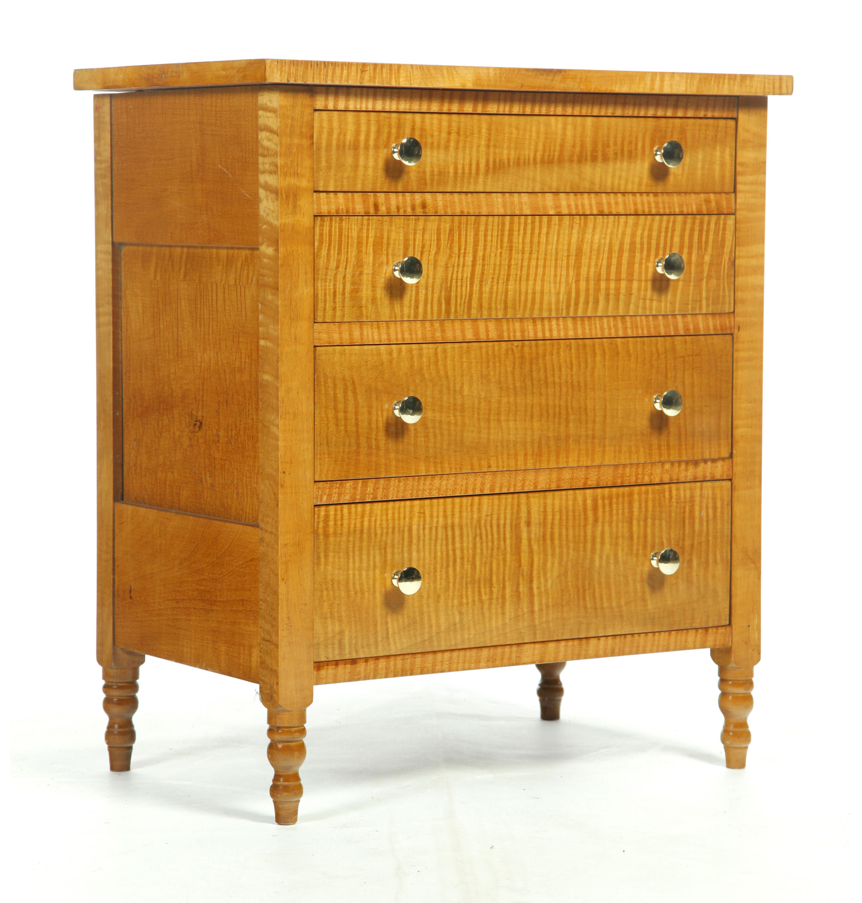 Appraisal: TIGER MAPLE SHERATON-STYLE MINIATURE CHEST American nd half- th century