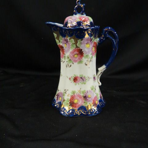 Appraisal: Pre-Nippon Handpainted Porcelain ChocolatePot fine floral cobalt trim excellent