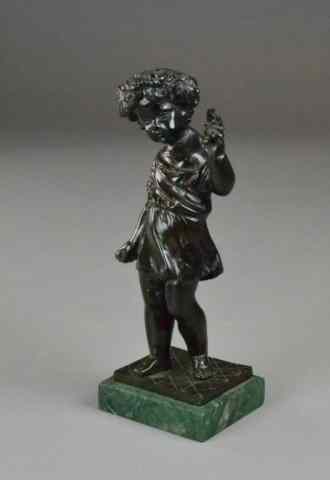 Appraisal: BRONZE BOY ON GREEN MARBLE VASEFigure of young boy walking