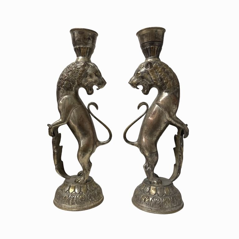 Appraisal: Pair of Vintage Silver Lion Candelabras Pair of Vintage Silver