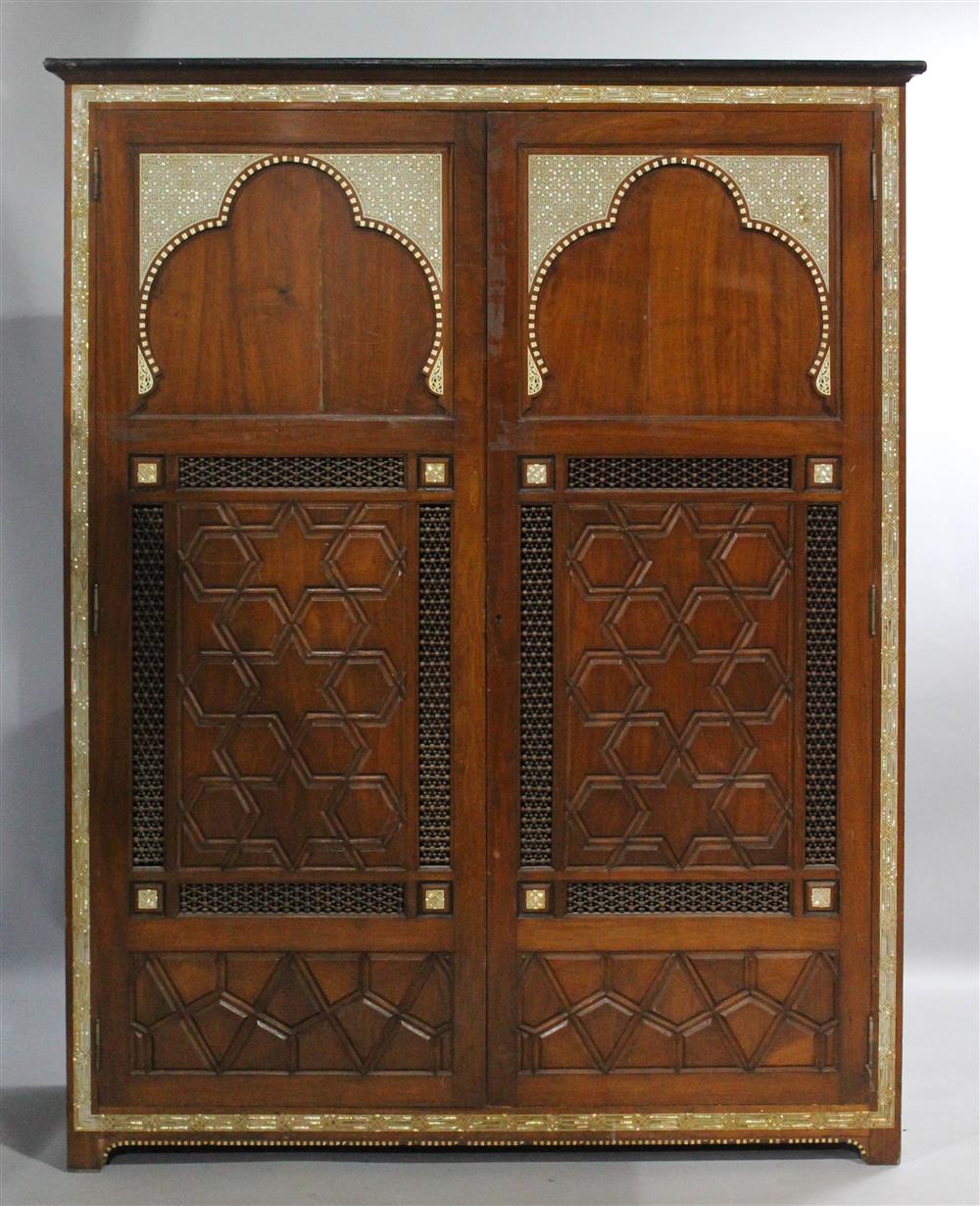 Appraisal: MOORISH MOTHER OF PEARL INLAID MAHOGANY ARMOIRE having a molded