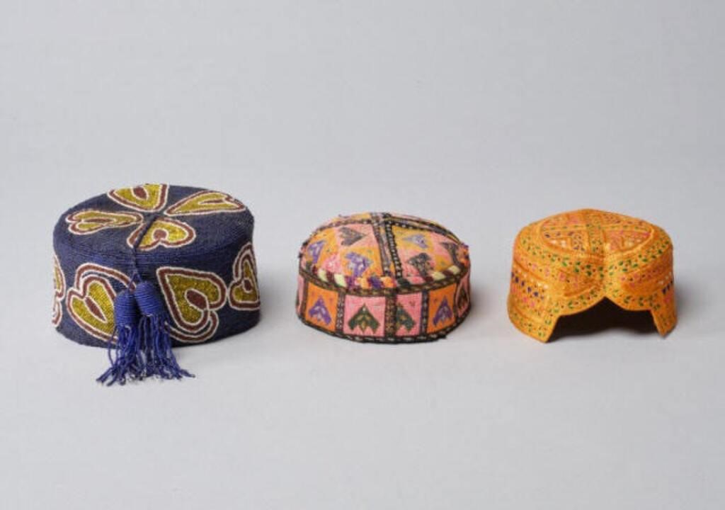 Appraisal: A lot of three hand-made Turkish hats one heavily beaded