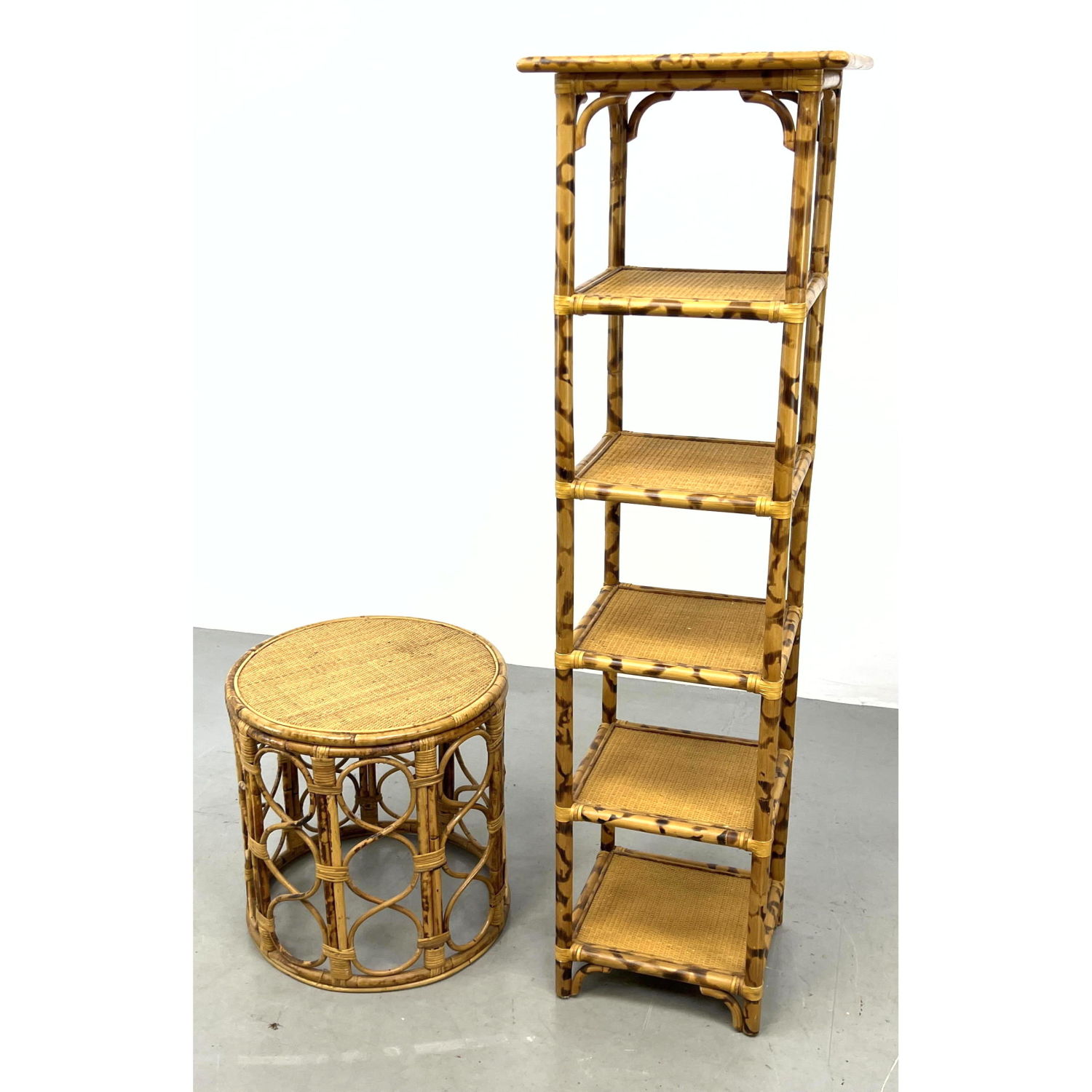 Appraisal: pc Rattan and Woven Fiber Items Tall Narrow Etagere Shelf