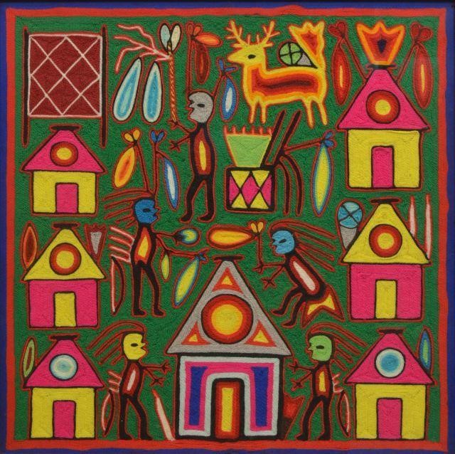 Appraisal: Framed Huichol Indian yarn painting th c depicting deer possibly