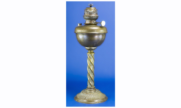 Appraisal: Brass Oil Lamp Barley Twist Column interspersed with Stylised Leaf