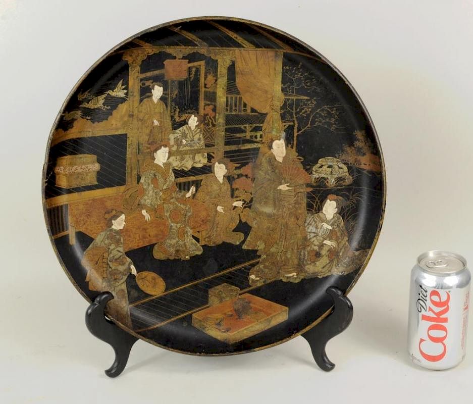 Appraisal: Japanned Lacquer Tray Depicting Asian Figures Japanned lacquer tray depicting