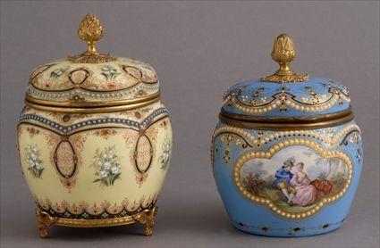 Appraisal: TWO FRENCH ENAMEL SPHERICAL LIDDED BOXES The one sky blue