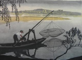 Appraisal: Hugo Noske woodcut Hugo Noske Austrian - - Fisherman Casting