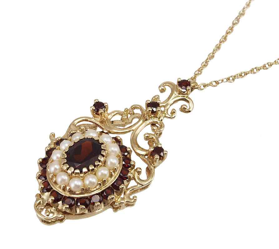 Appraisal: K GARNET PEARL VICTORIAN STYLE NECKLACE K yellow gold pendant