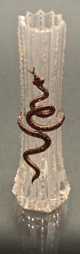 Appraisal: Cut glass bud vase with jewel encrusted snake decoration the