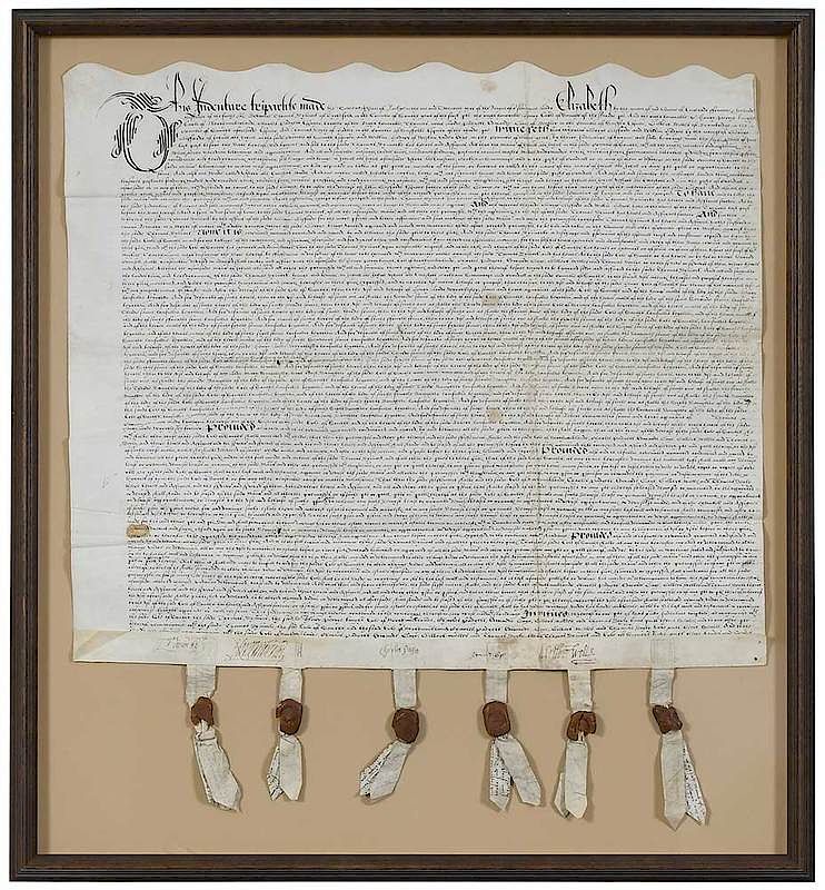 Appraisal: Elizabethan Vellum Indenture with Intaglio Impression Seals British circa large