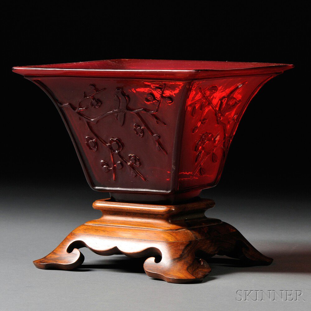 Appraisal: Red Peking Glass Bowl China th century square bowl decorated