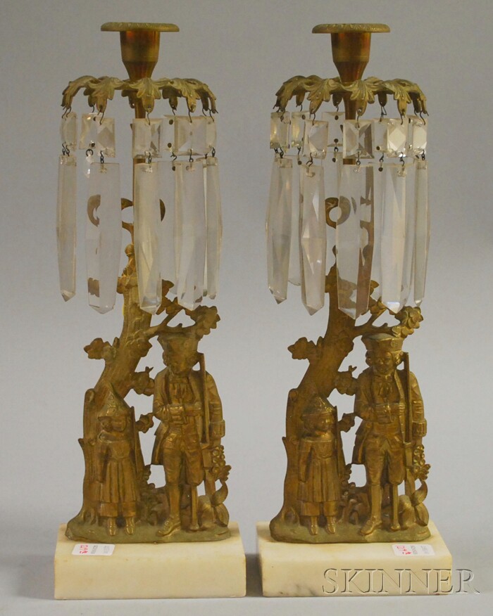 Appraisal: Pair of Gilt-metal Figural Garniture Candlesticks with Prisms