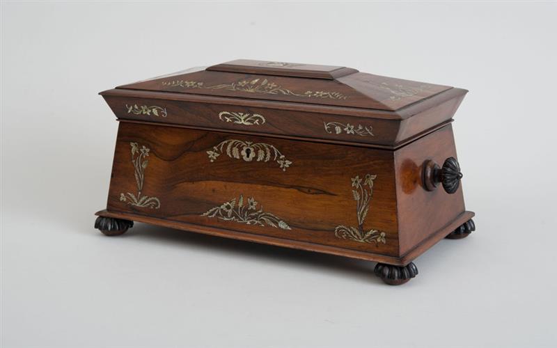 Appraisal: VICTORIAN MOTHER-OF-PEARL INLAID ROSEWOOD SARCOPHAGUS-FORM TEA CADDY Opening to two