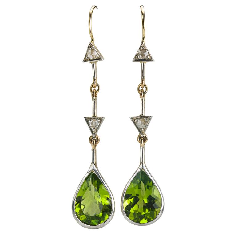 Appraisal: PERIDOT AND ROSE CUT DIAMOND DROP EARRINGS Condition Report