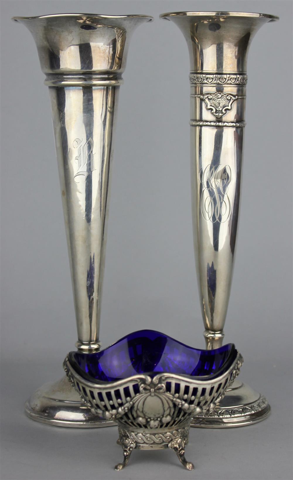 Appraisal: TWO AMERICAN SILVER WEIGHTED BUD VASES WITH CONTINENTAL SILVER SALT