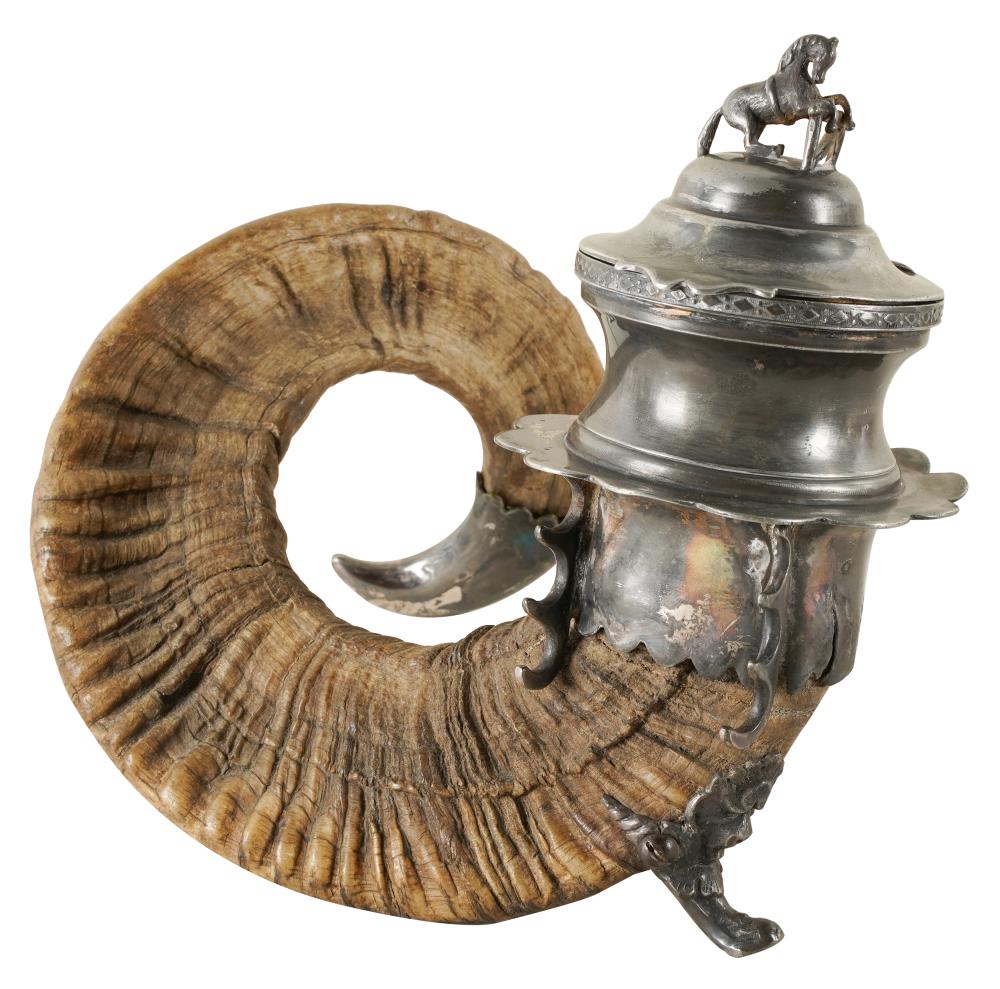 Appraisal: SILVERPLATE-MOUNTED HORN INKWELLunmarked with hinged cover Provenance The Estate of