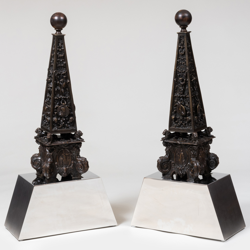 Appraisal: Pair of Baroque Style Bronze Obelisks With cartouches depicting holy