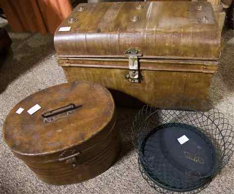 Appraisal: THREE METAL ITEMS INCLUDING CHEST WITH HANDLES HAT BOX AND