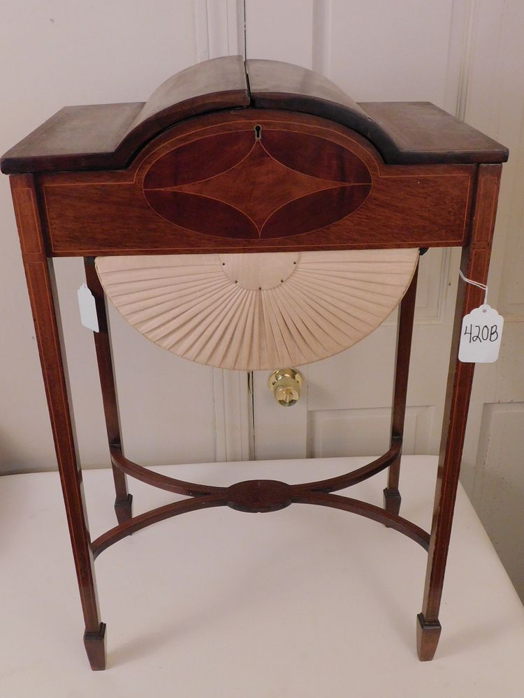 Appraisal: ANTIQUE MAHOGANY SEWING STAND Circa mahogany line-inlaid sewing stand with