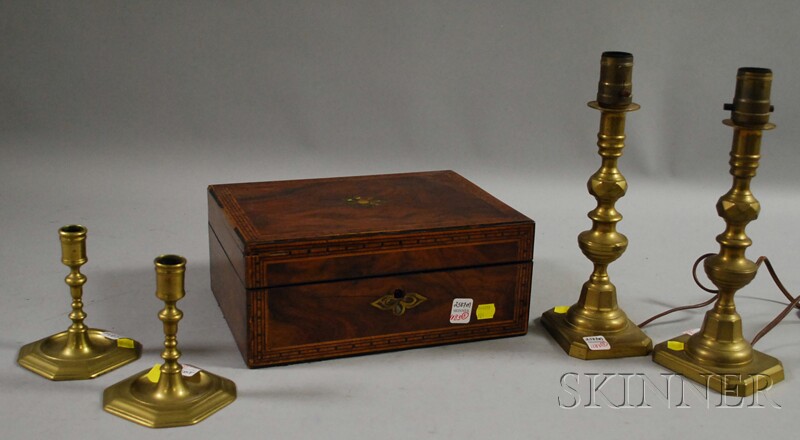 Appraisal: Inlaid Rosewood Veneer Jewel Box and Two Pairs of Brass