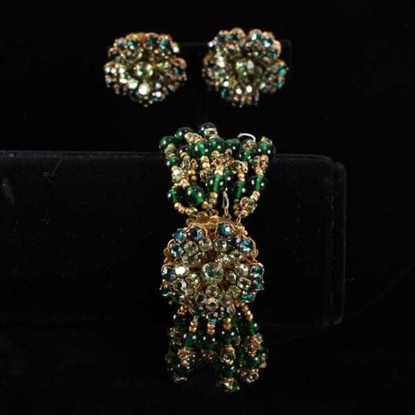 Appraisal: Miriam Haskell pc Green Multi-strand bracelet clip earrings Glue residue