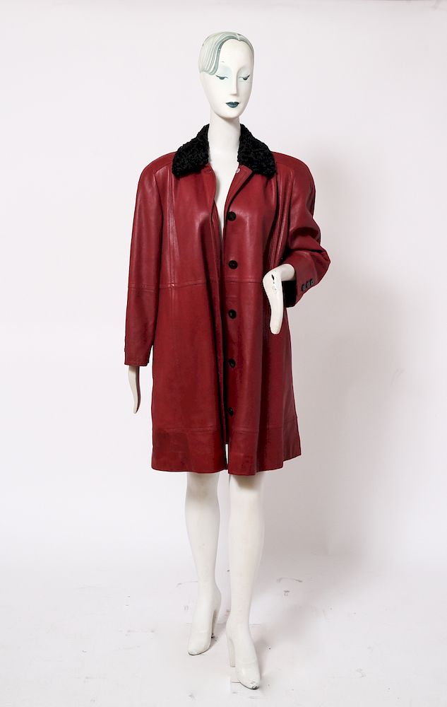 Appraisal: Valentino Red Leather Persian Lamb Jacket Valentino red leather three-quarter