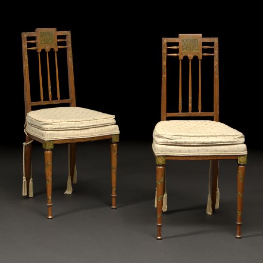 Appraisal: Pair of Edwardian Satinwood Sidechairs ca each with a polychromed