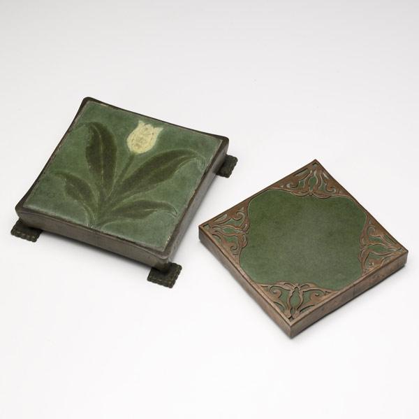 Appraisal: GRUEBYTile with a yellow tulip in heavy bronze footed base