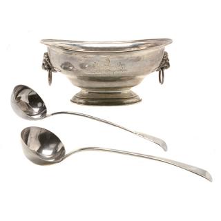 Appraisal: Two English Sterling Silver Ladles and Centerpiece European Armorial Sterling