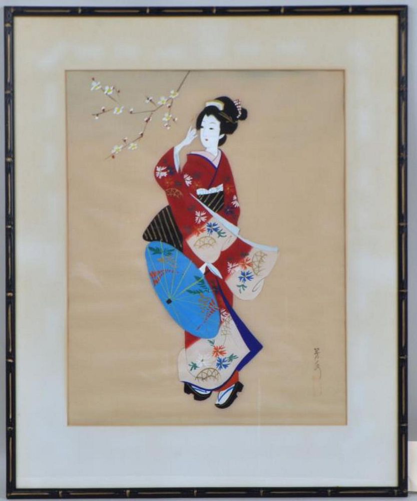 Appraisal: Japanese Gouache Painting Silk - Geisha framed and matted brightly