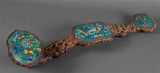 Appraisal: Chinese carved wood ruyi scepter with inset cloisonne sections late