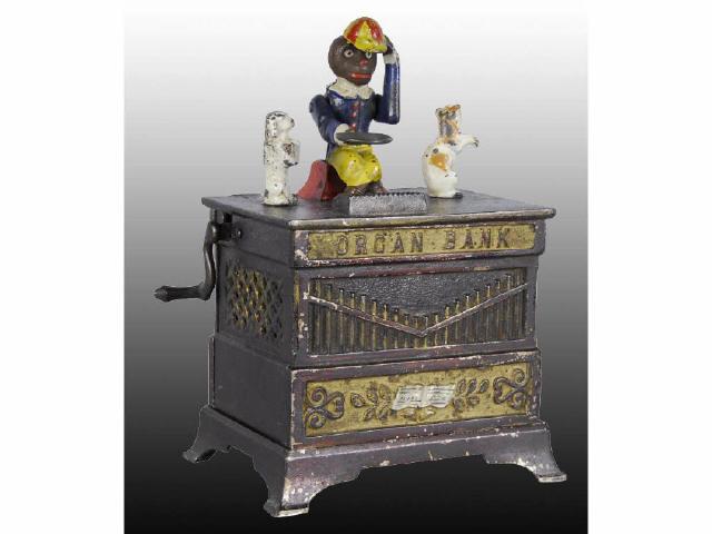 Appraisal: Cast Iron Organ with Cat Dog Mechanical Bank Description -A