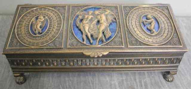 Appraisal: Gilt Metal Box with Figural Decoration on Enamel On claw