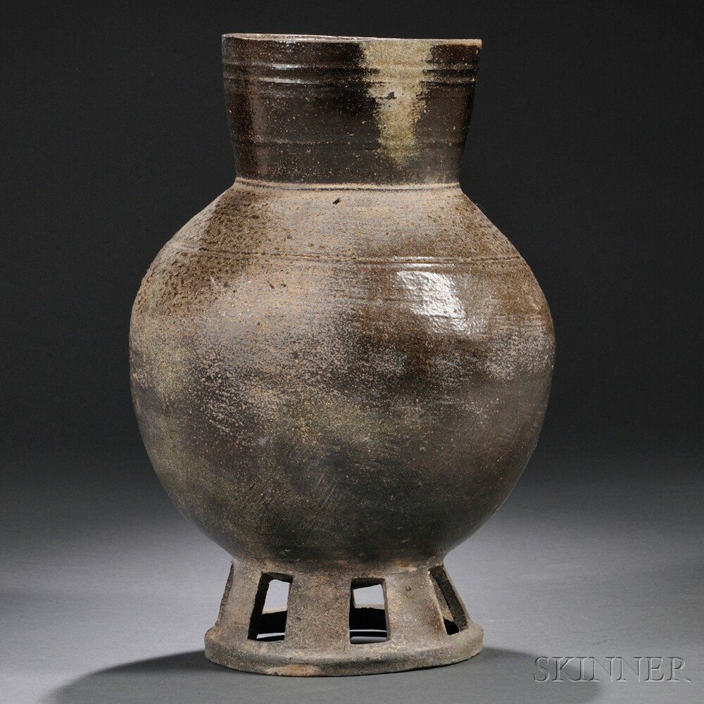 Appraisal: Mounted Stoneware Funereal Vessel Korea Silla globular form with high