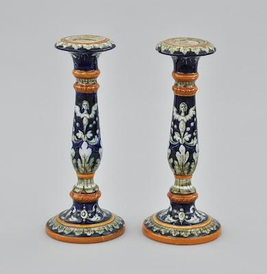 Appraisal: A Pair of Urbino-Style Faience Candlesticks Each approx - H