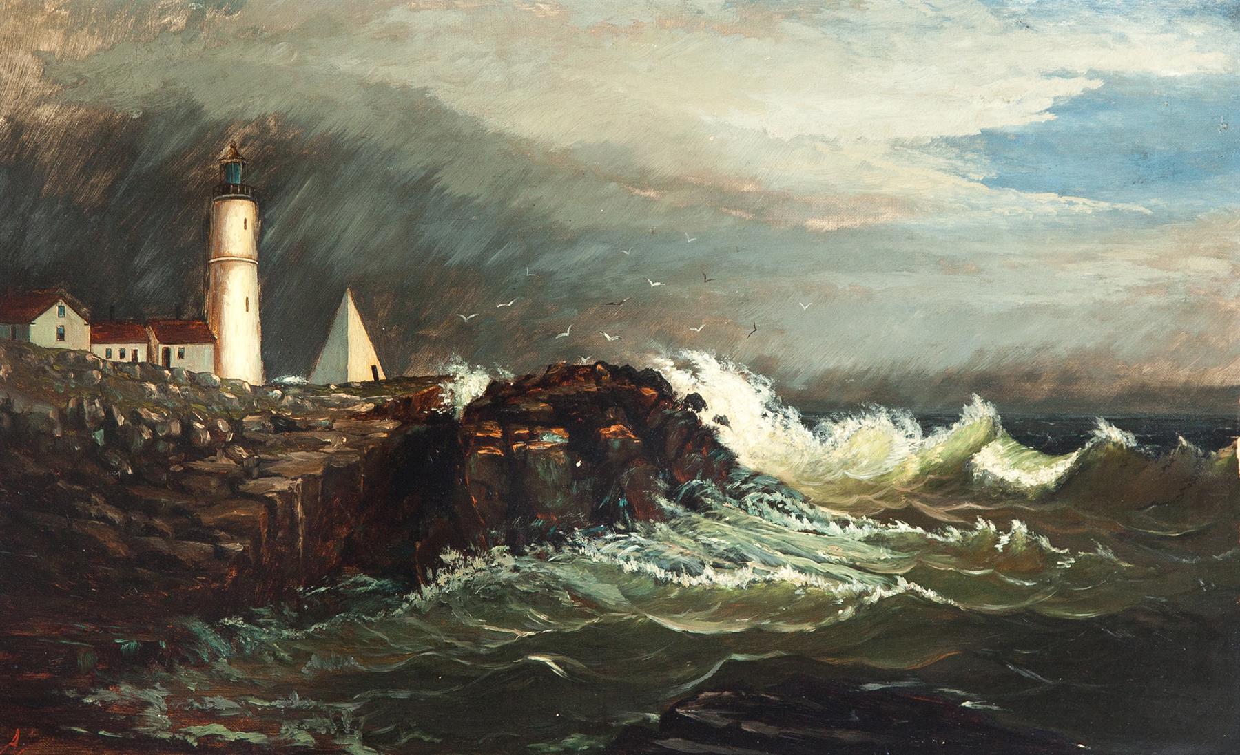 Appraisal: FRAMED OIL ON CANVAS OF STORMY COASTLINE WITH LIGHTHOUSE American