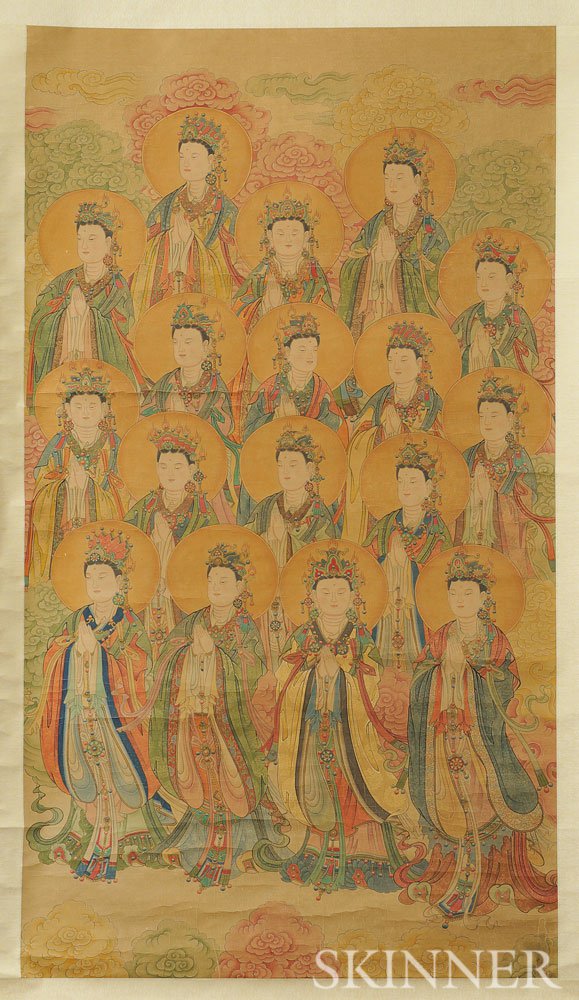 Appraisal: Buddhist Hanging Scroll Depicting Seventeen Bodhisattvas China standing in prayer