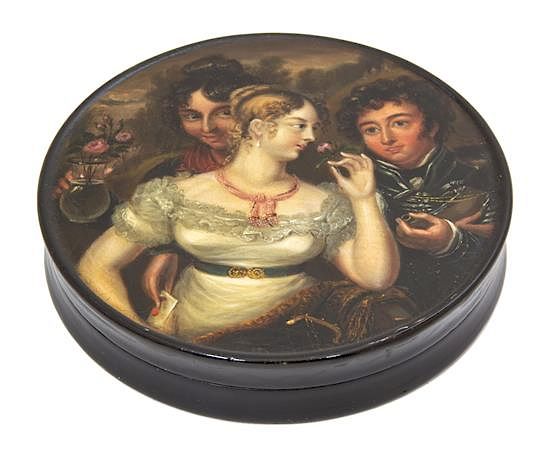 Appraisal: An English Circular Lacquer Snuff Box Height x diameter inches