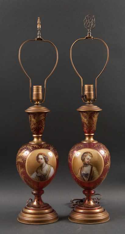 Appraisal: Pair of Bohemian gilt decorated cranberry glass vase-form lamps with