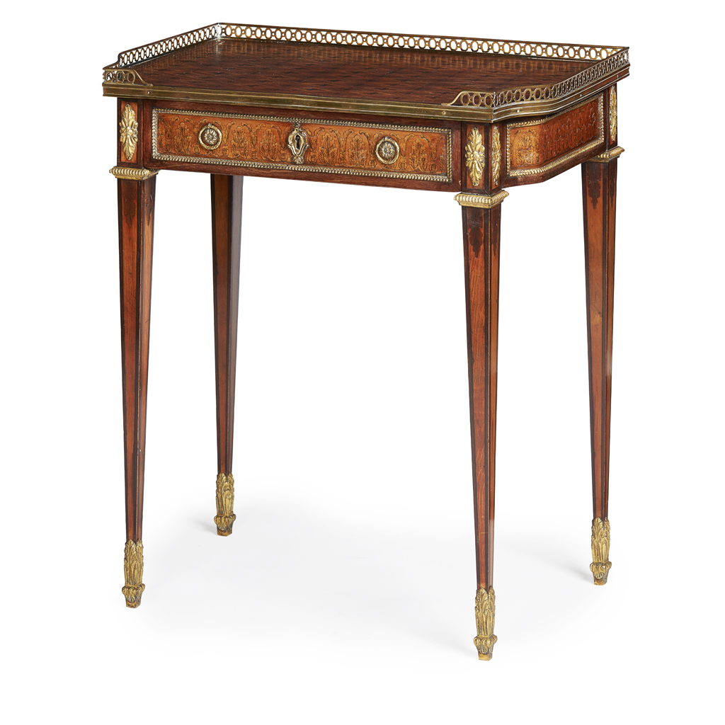 Appraisal: LOUIS XVI STYLE AMARANTH FRUITWOOD AND PARQUETRY SIDE TABLE TH