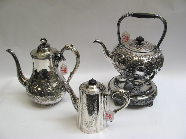 Appraisal: THREE SILVER PLATED COFFEE TEA SERVERS One a hot water