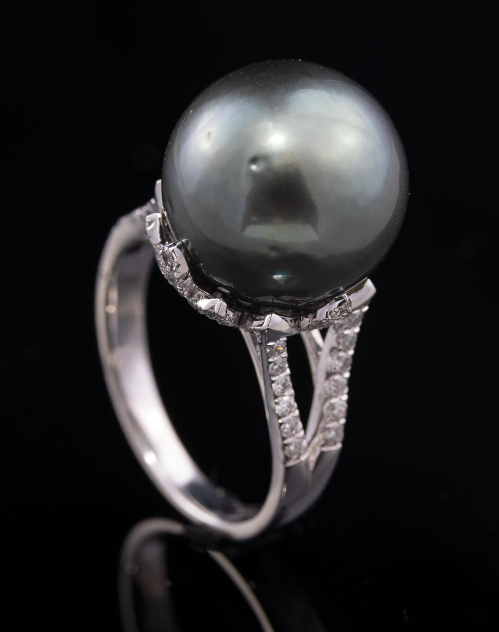 Appraisal: Platinum Tahitian Pearl and Diamond Ring center with round Black-Gray