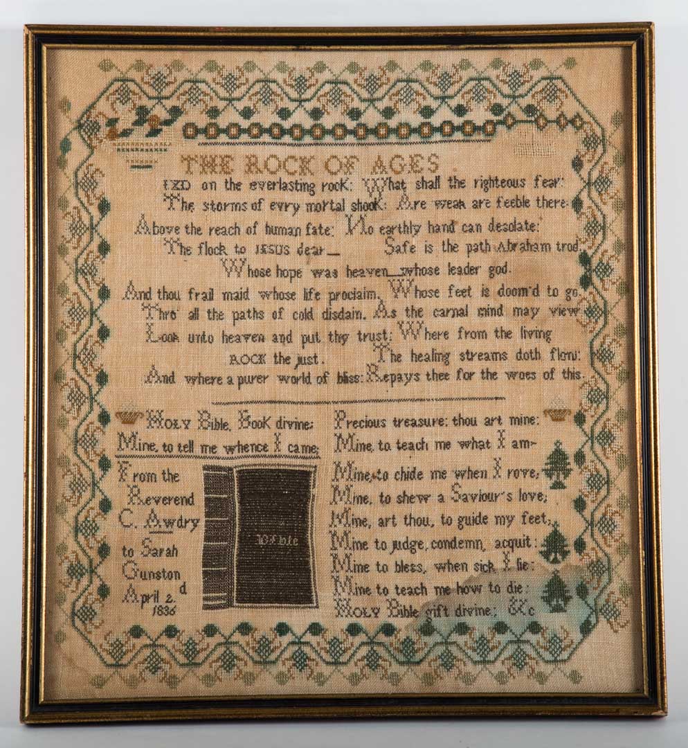 Appraisal: English needlework sampler dated April with The Rock of Ages