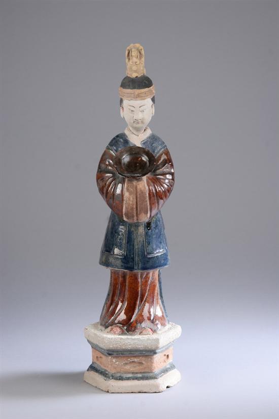 Appraisal: CHINESE GLAZED TERRACOTTA STANDING FIGURE OF SERVANT Ming Dynasty -