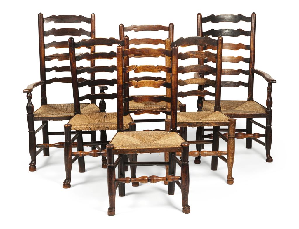 Appraisal: SET OF SIX STAINED ASH LADDERBACK CHAIRS TH CENTURY comprising