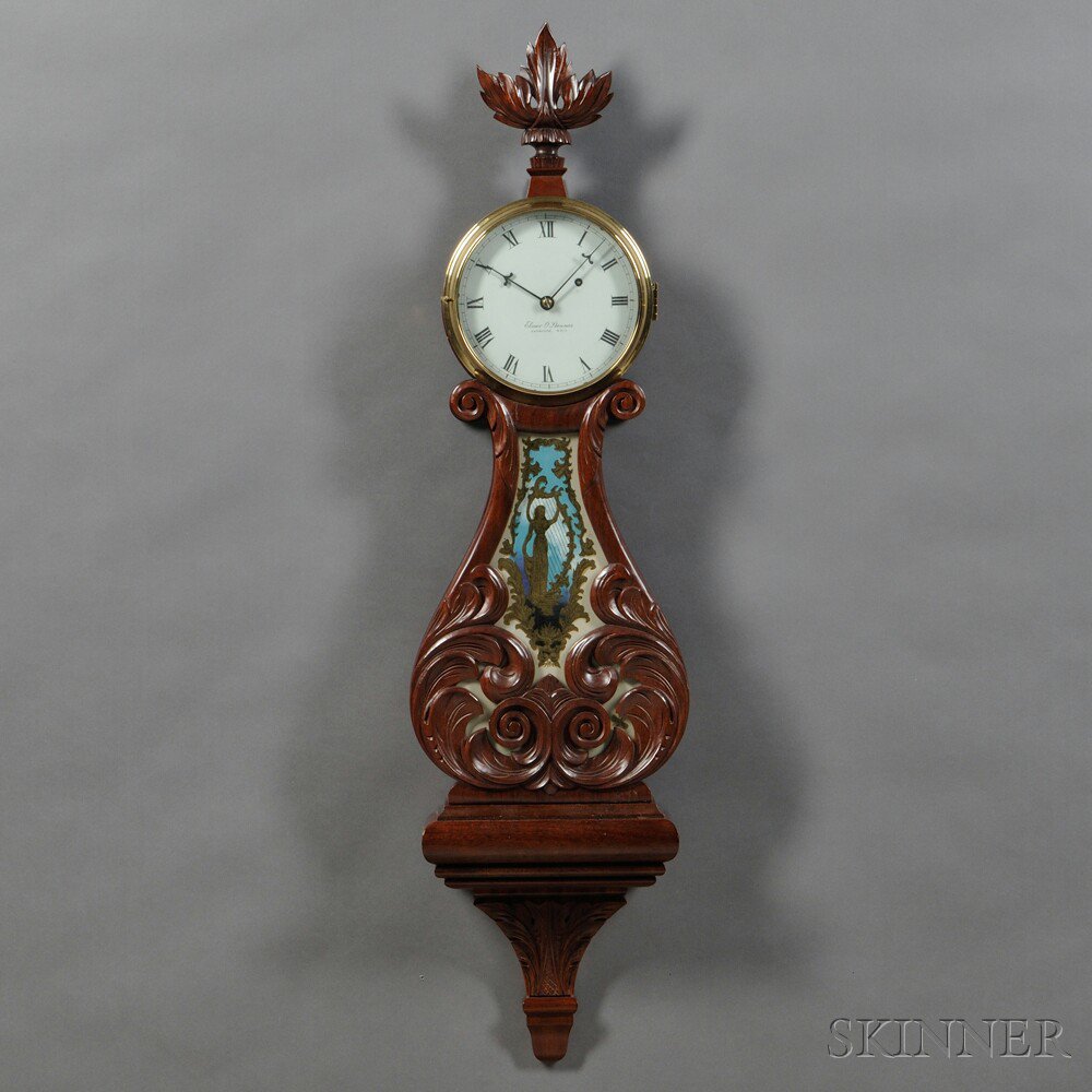 Appraisal: Elmer Stennes Carved Mahogany Lyre Clock Weymouth Massachusetts carved midsection