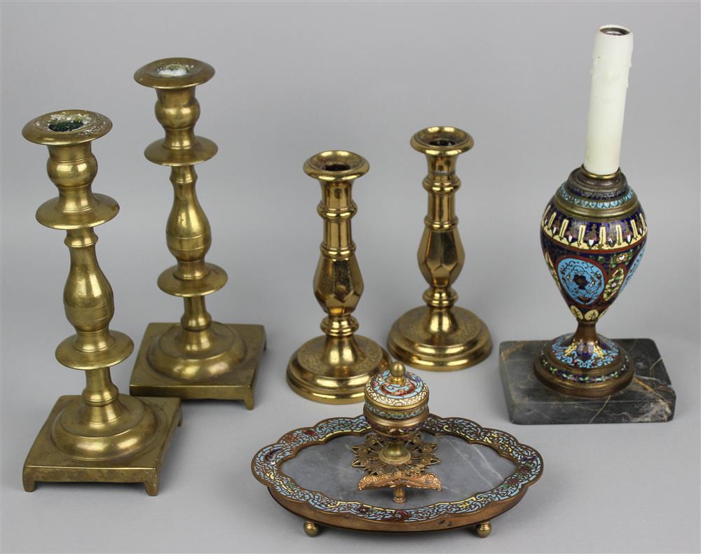 Appraisal: TWO CHAMPLEVE ENAMEL DESK PIECES AND FOUR BRASS CANDLESTICKS including